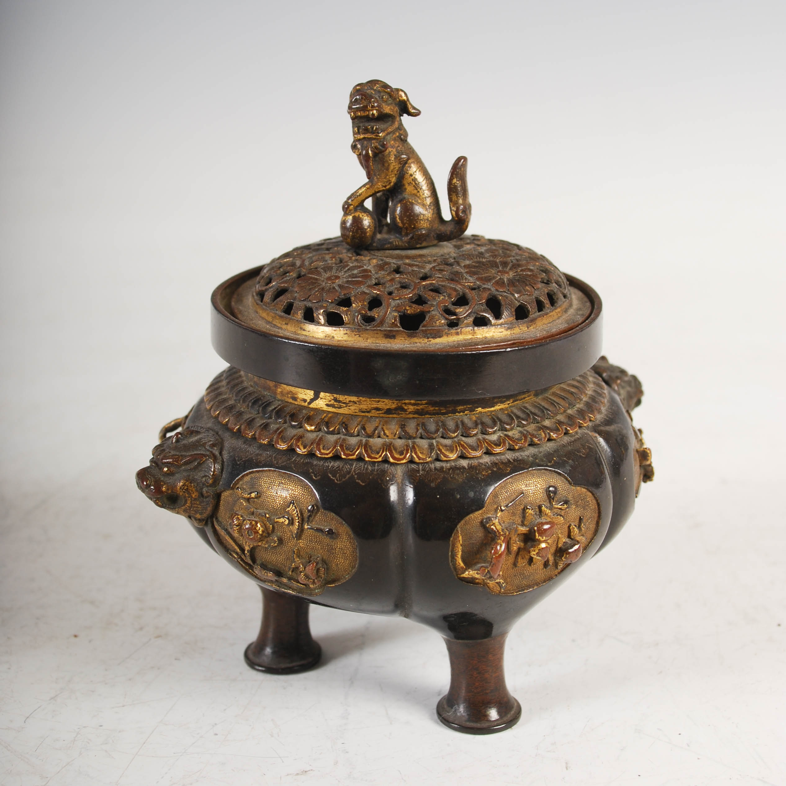 A Japanese bronze censer and cover, Meiji Period, the censer cast with