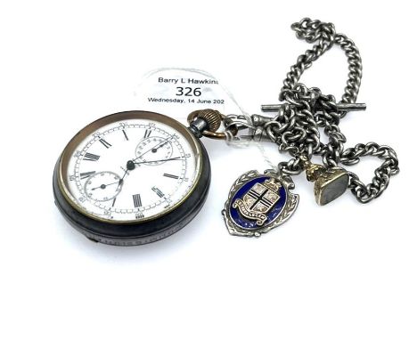 An Omega Chronograph pocket watch '15571144' C.1900's, Gun metal case, with a white porceline face 'Racine' Geneve, with insc