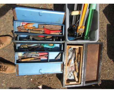 Tool box with contents, tile cutter and a carpenters chest and tools