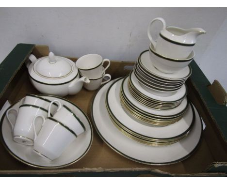 Royal Doulton 'Oxford Green' comprising Teapot, jug, sugar bowl, 6 cups and saucers, side plates, serving platter, 6x8" plate