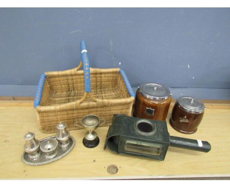 Plated cruet set, vintage lamp, wooden biscuit barrel and tea caddy etc&nbsp;