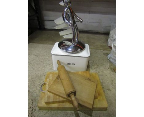 Knife holder, enamel bread bin and chopping boards