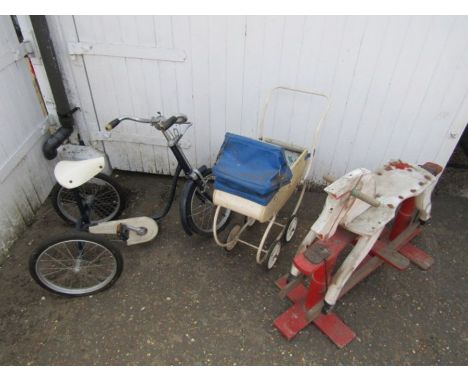 Vintage children's trike, rocking horse and pram (all for display purpose only)&nbsp;