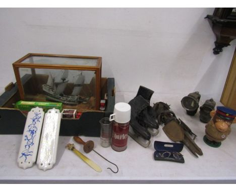 Collectors lot to inc vintage skates and fen runners, model ship in case (a/f) PG Tips chimp, vintage bike lights, finger pla