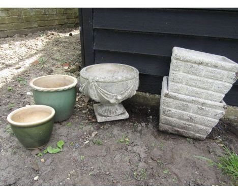 pair concrete planters, concrete urn planter and 2 others