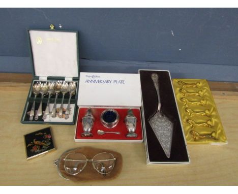 Silver plated condiment set, cigarette case and cutlery etc