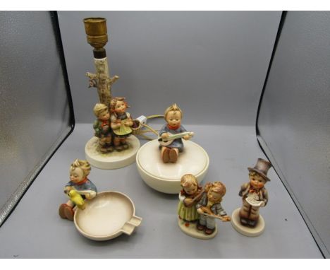 Goebel Hummel lamp, lidded pot, trinket dish figure and 2 figurines Lamp is a/f broken with a previous repair, boy trinket di