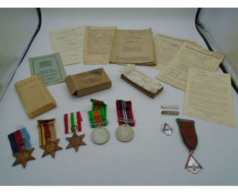 WWII medals and ephemera relating to Dvr. Eric Humphryes. Medals - (1939-45 Star, Africa star, Italy star, Defence medal and 