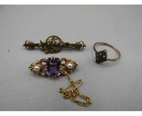 9ct Gold brooch with purple stone and safety chain, brooch stamped 15ct and a ring stamped 9ct- stones missing 6.9 gross weig