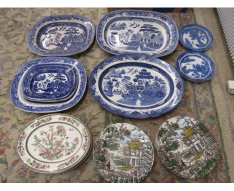 Vintage meat plates, 4 Indian Tree plates and 6 Myotts Hunter themed plates