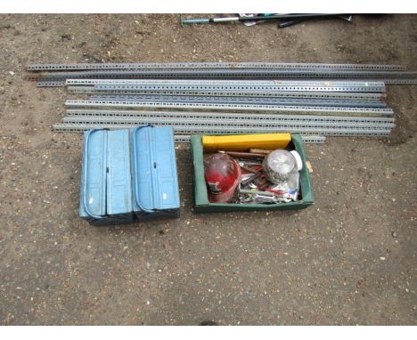 2 Metal tool boxes, box of mixed tools and 12 Dexion angle lengths&nbsp;