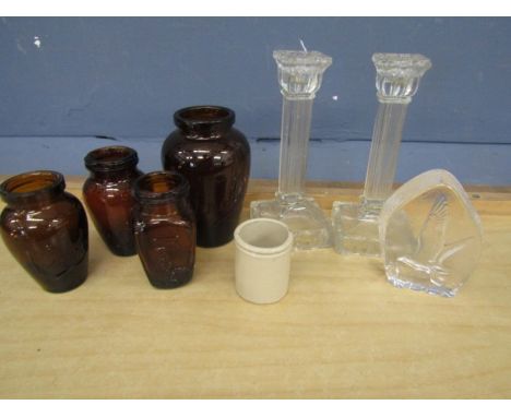 Vintage Virol bottles, pait glass candlesticks and a glass paperweight