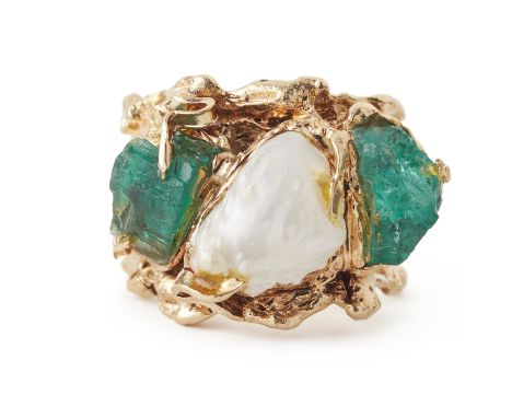 One 14K yellow gold, rough pearl, and rough emerald fashion ring. The ring is 17.6 mm wide and is prong set with one rough pe