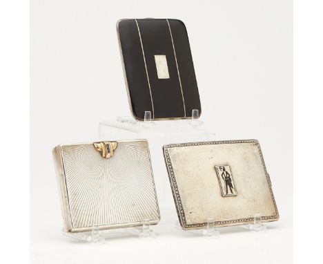 Group of three Art Deco sterling silver cigarette cases. One with black enamel and a geometric design, one with an incised de