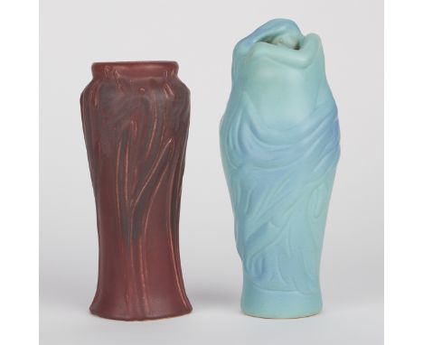 Van Briggle Art Pottery, Colorado, USA. Group of two studio pottery ceramic vases. One light blue "Lorelei" figural vase inci