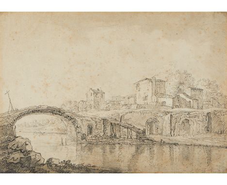Late 18th century Italian old master landscape drawing in pen and ink with wash on paper. The drawing depicts an arched bridg