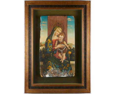 Italian school Old Master Madonna and Child tempera on panel. Mary cradles the infant Jesus in her lap, who dangles an orange