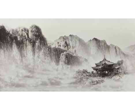 Chin San Long (Lang Jingshan) (Chinese, 1892-1995). Photograph titled "Peaks Fantasia," depicting a pavilion with craggy moun