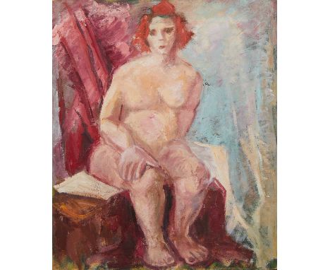 Elizabeth Grant (American, 20th century). Oil on board portrait of a nude woman with red hair seated on a red cloth draped ch