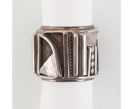 Eveli Sabatie (Moroccan, b. 1940). Sterling silver ring with geometric designs in relief. Impressed mark along the interior "