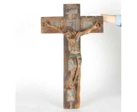 Spanish Colonial polychrome wood crucifix. Four mirrors are inlaid along the arms of the cross, the top mirror inscribed INRI