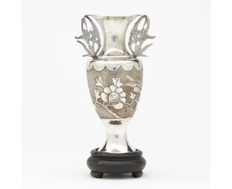 Chinese silver double-handled vase with bird and flower designs along the body of the vase. Impressed mark along the undersid