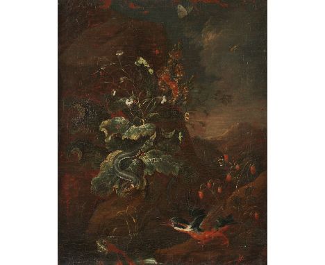 Old master oil on canvas painting depicting various flowers, fruits, and animals, including a snake, frog, and bird. Faint si