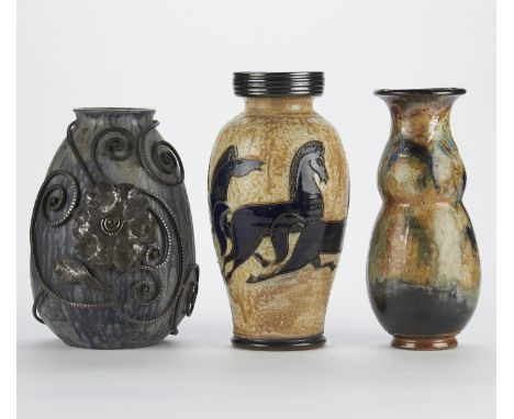 Group of three studio ceramic vases. Roger Guerin (Belgian, 1896-1954). One Guerin vase depicting brown, running horses on a 
