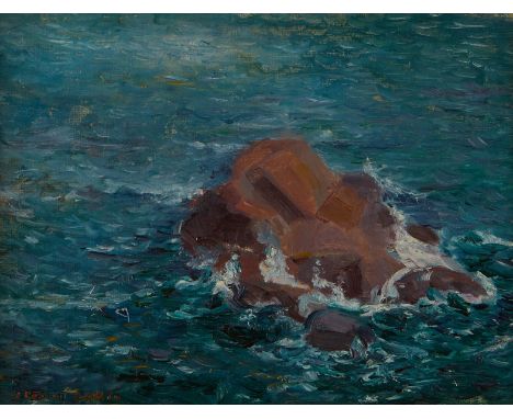 Jenny Petria Collin (American, 20th c). Oil on board seascape painting depicting waves washing over a craggy rock. Signed alo
