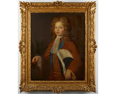 French School portrait of a young aristocratic boy, ca. early to mid 18th c. The subject stands with his right hand extended,