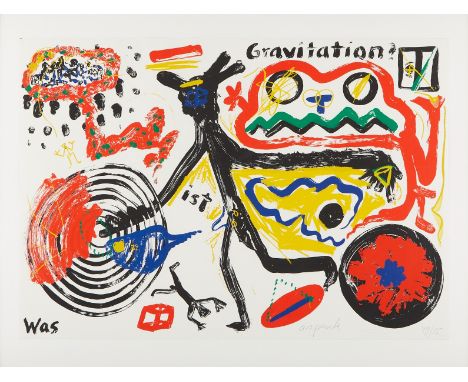 A.R. Penck (German, 1939-2017). Silkscreen on paper titled "What is Gravity?" depicting an abstracted figure surrounded by sw
