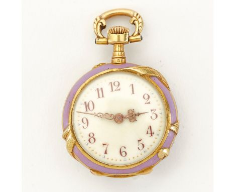 18K gold and enamel pocket watch. The case is enameled with lilac enamel, overlaid with 18K decoration in the form of an eagl