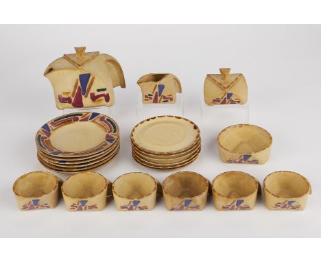 German Bauhaus style ceramic tea set consisting of one teapot, one creamer, one lidded sugar pot, one bowl, six cups, six sau