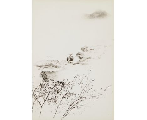 Chin San Long (Lang Jingshan) (Chinese, 1892-1995). Photograph depicting a woman carrying water along a rocky bank, with tree