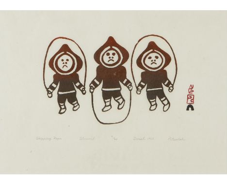 Group of three stonecut prints. One Pitseolak Ashoona (Canadian (Inuit), 1904-1983) stonecut titled "Skipping Rope" depicting