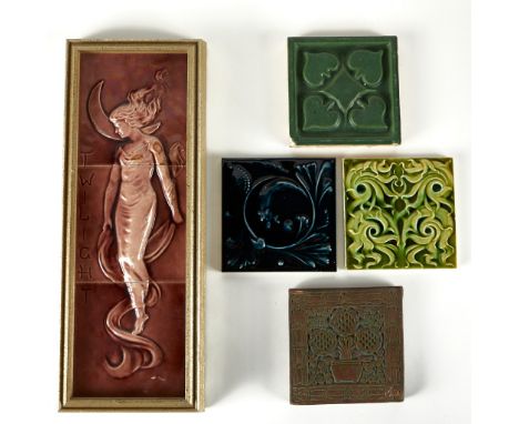 Group of seven 20th century tiles. Manufactured by California China Products Company, Batchelder, and J. &amp; J. G. Low Art 