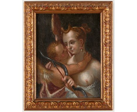 17th century old master oil on wood panel painting depicting Venus and Cupid. Likely Continental and possibly Central Europea