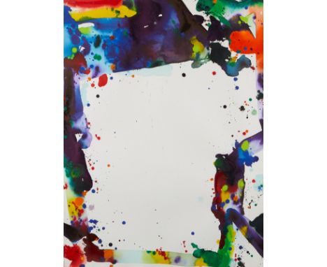 Sam Francis (American, 1923-1994). Abstract painting in acrylic on Arches paper, depicting bright swaths of color extending i