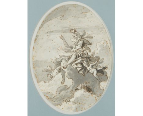 18th century Venetian old master pen and ink drawing on laid paper. Depicting Venus on a cloud, surrounded by a group of frol