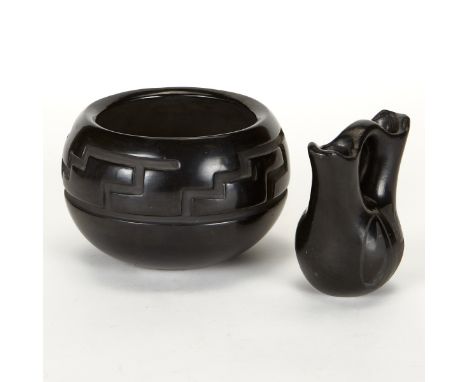 Toni Roller (American (Santa Clara Pueblo), b. 1935). Blackware vase and wedding pot. Each with incised signature "Roller San
