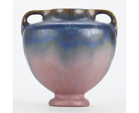 Fulper Pottery, United States. Studio ceramic vase with a high shoulder and two handles, decorated with pink, blue, and black