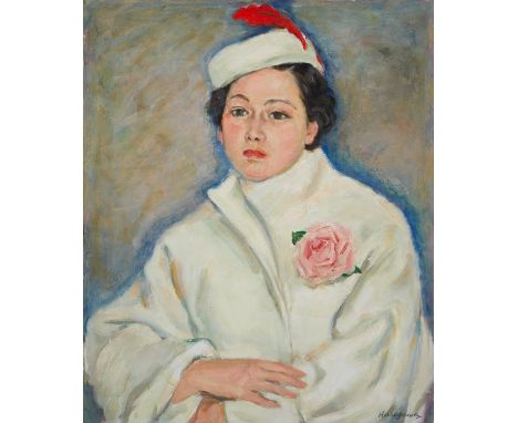 Noboru Hasegawa (Japanese, 20th c). Oil on canvas portrait of a woman in an elegant white coat with a pink rose pinned to the