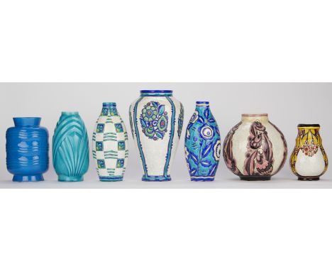 Group of seven Boch Freres Keramis ceramic vases. Each stamped along the bottom. Additional markings on three vases: the tall