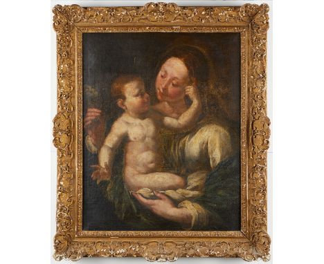 Flemish School Old Master painting depicting the Madonna and Child in oil on canvas. The luminous Mary cradles the infant Jes