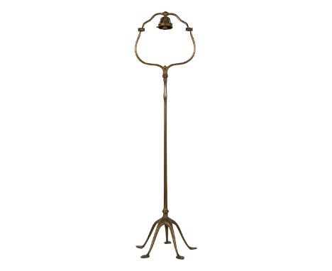 Tiffany Studios bronze floor lamp, model #423H. Five splayed legs ending with leaf form feet. The single bell-shaped socket d