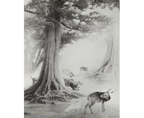 Chin San Long (Lang Jingshan) (Chinese, 1892-1995). Photograph titled "Deer in Forest," depicting a group of deer walking dow