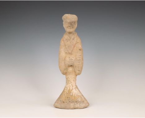 China, pottery model of a standing lady, probably Han dynasty (206 BC-220 AD), wearing long flowing robes with wide sleeves (
