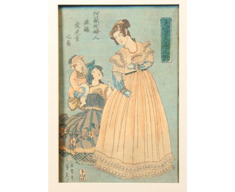 Japan, woodblock print, Utagawa Sadahida (1807-1878), A Dutch Lady (Cock Blomhoff?) with her child and maid, ca. 1861 oban, l