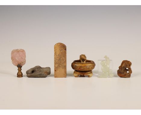 China, a collection of jade and hardstone objects, Qing dynasty (1644-1912), comprising a celadon jade pendant of a boy, a ro