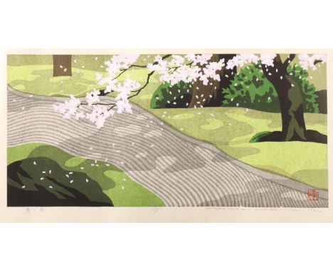 Japan, woodblock print, Massao Ido (1945-2016) Blossom tree unfraed, 27 x 50 cm. [1]
